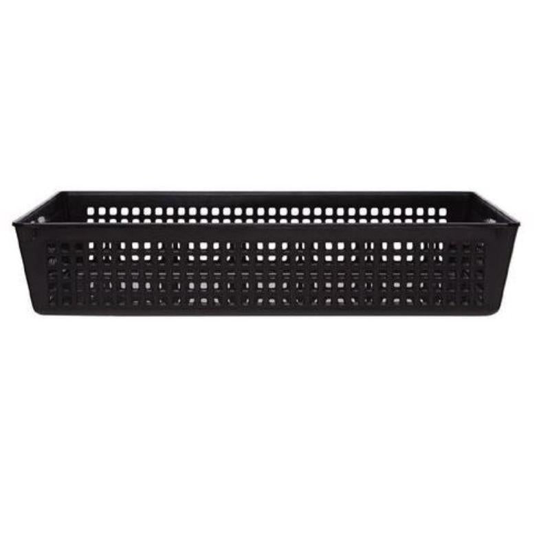 Sleek black Taurus Large Basket Tray for organized storage in home, office, or classroom; stackable and stylish design.