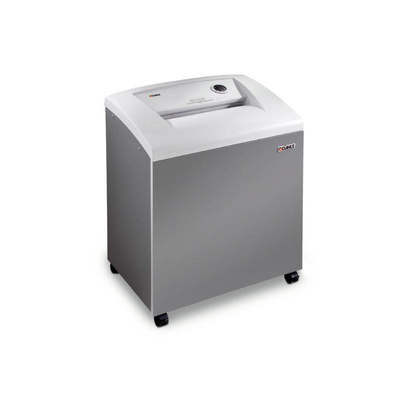 Dahle 116 P2 160L Strip-Cut Shredder shredding documents, featuring robust design, 36-sheet capacity, and 160L waste volume.