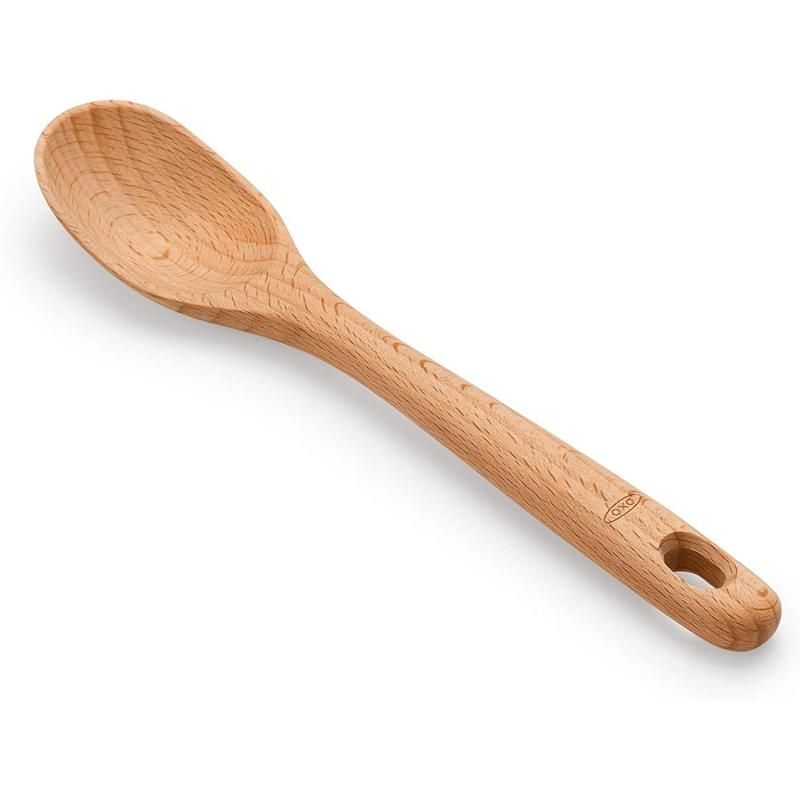 Small OXO Good Grips Wooden Spoon made of solid beech wood, ideal for mixing and safe for non-stick cookware.