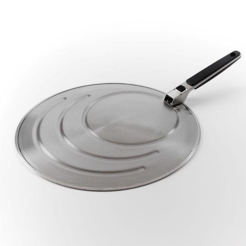 OXO Good Grips Splatter Screen with foldable handle, 13-inch diameter, keeps kitchens mess-free while cooking.
