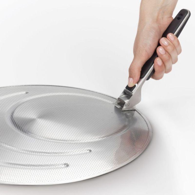 OXO Good Grips Splatter Screen with Fold Handle, stainless steel, 13-inch, prevents grease splatter while cooking.