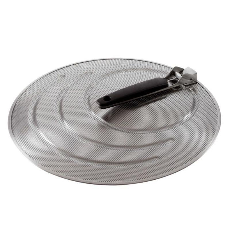 OXO Good Grips Splatter Screen with foldable handle, 13-inch stainless steel design for mess-free frying and easy storage.