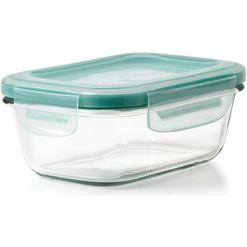 Clear plastic rectangular food storage container with leak-proof lid, ideal for snacks and small portions. Microwave and dishwasher safe.