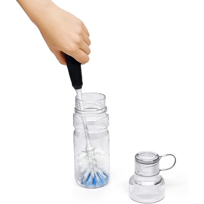 OXO Good Grips Bottle Brush with flexible neck and dual bristle head for gentle cleaning and tough scrubbing of delicate containers.