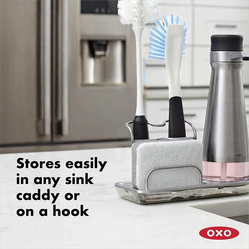 OXO Good Grips Bottle Brush with flexible neck and dual-function bristle head for efficient cleaning of bottles and delicate containers.