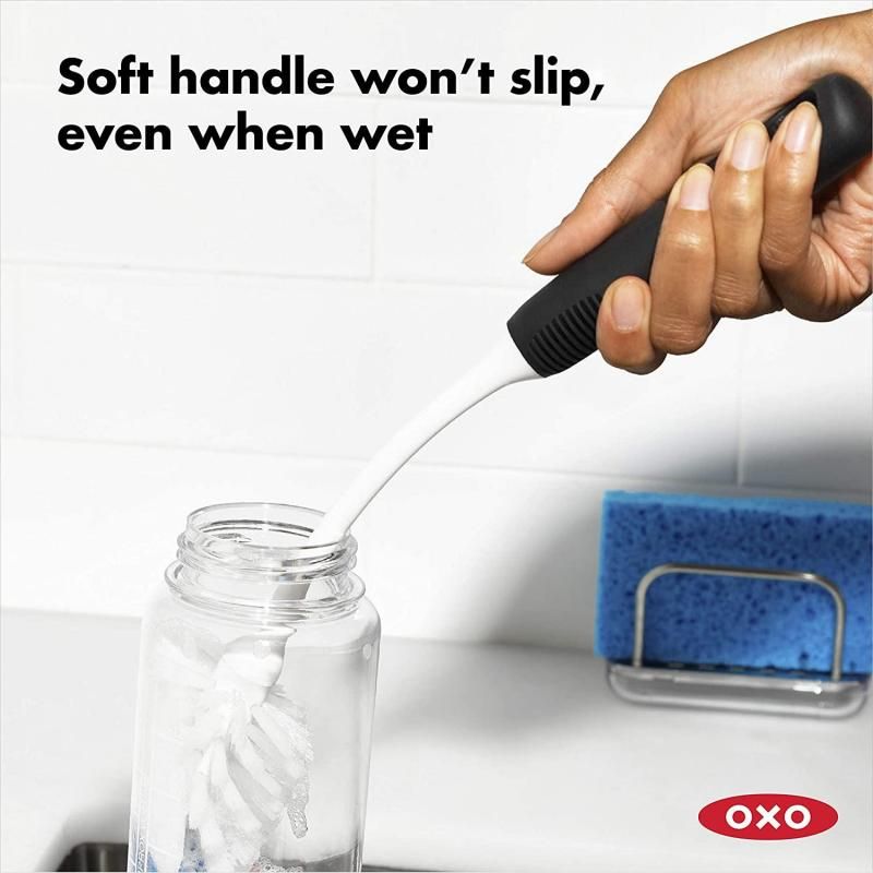 OXO Good Grips Bottle Brush with flexible neck and dual bristle functions for gentle and tough cleaning of bottles and glassware.