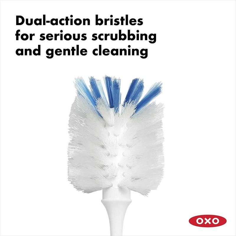 OXO Good Grips Bottle Brush features a flexible neck and dual-function bristles for safe and effective cleaning of delicate containers.