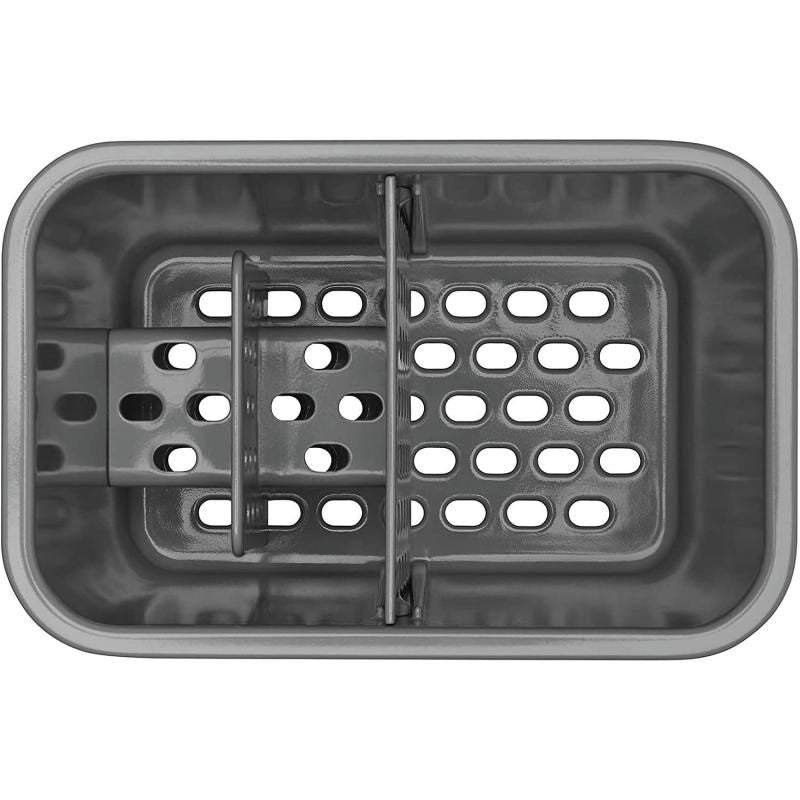 Sleek stainless steel sinkware caddy with a divider for organized sponges and brushes, featuring ventilation and a drip tray.