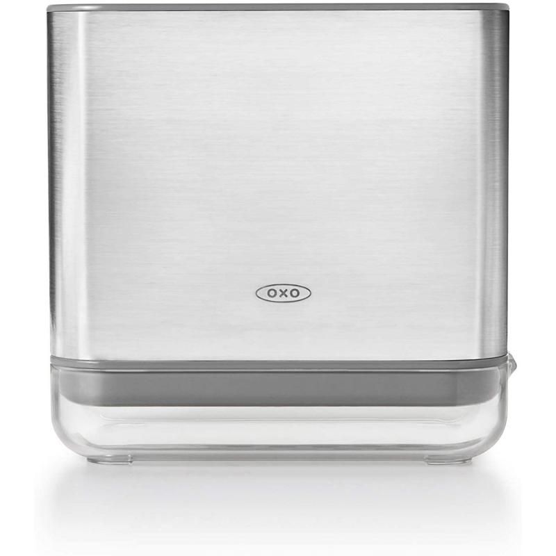 Stainless steel sinkware caddy with divider for sponges and brushes, featuring ventilation holes and a drip tray for easy drainage.