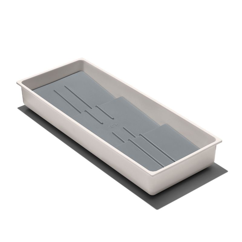 OXO Compact Spice Drawer Organiser featuring a tiered design for visibility, non-slip feet, and a removable tray for easy cleaning.