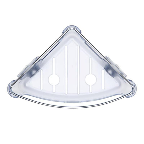 Suction corner basket for organized shower storage, featuring StrongHold cups for secure, easy installation and sleek design.