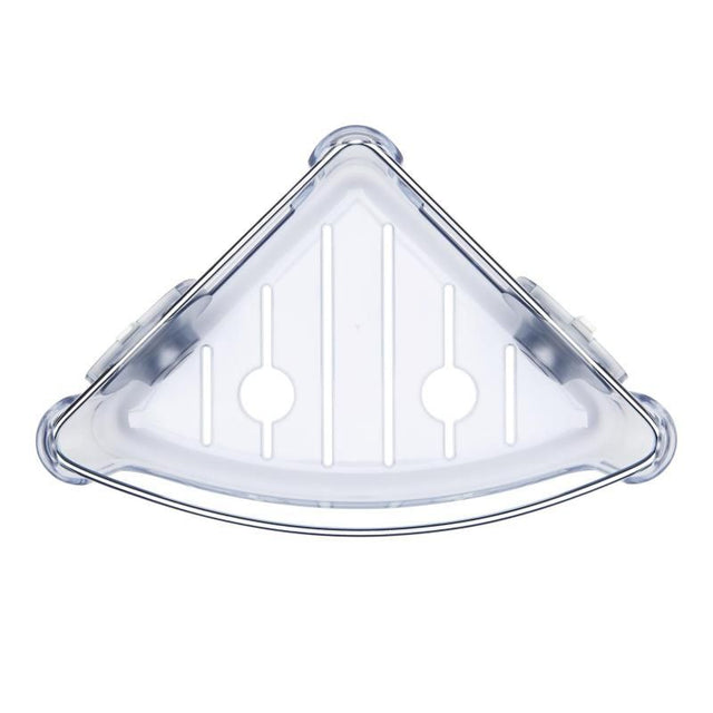 Suction corner basket for organized shower storage, featuring StrongHold cups for secure, easy installation and sleek design.