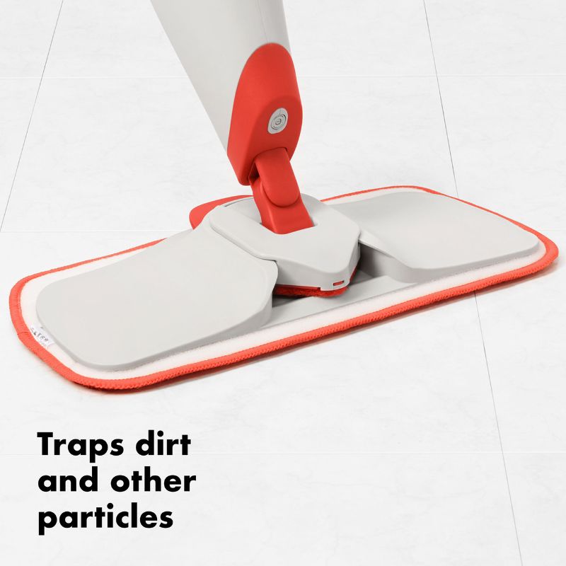 OXO Spray Mop Microfiber Refill with large washable pad, ideal for cleaning hardwood, tile, and laminate floors efficiently.