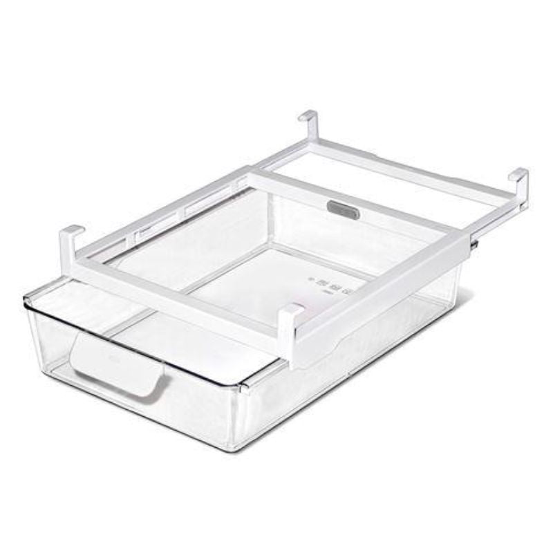 Clear under-shelf drawer for fridge, 27x38x8cm, ideal for organizing deli meats, cheeses, and produce with easy-grip handles.