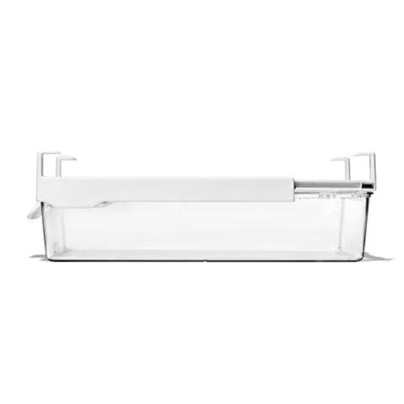 Clear under-shelf drawer for fridge organization, ideal for deli meats, cheeses, and produce; measures 27x38x8cm.