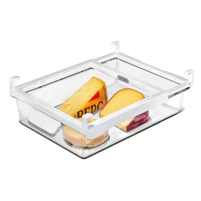 Clear under-shelf fridge drawer by OXO, measuring 27x38x8cm, ideal for organizing deli meats, cheeses, and produce.