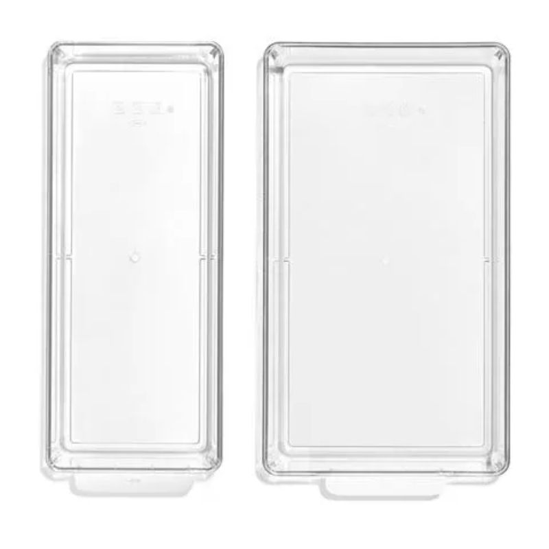 Clear OXO refrigerator storage bin set of 4, featuring rounded handles and BPA-free design for organized and accessible food storage.