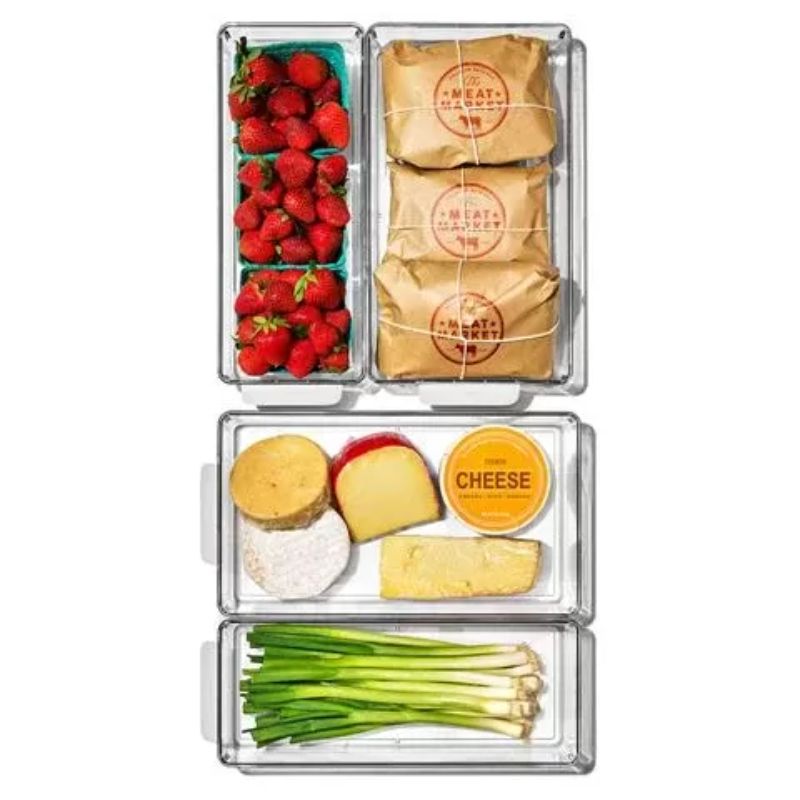 Clear OXO Refrigerator Storage Bin Starter Set of 4, featuring durable BPA-free bins for organized food storage.