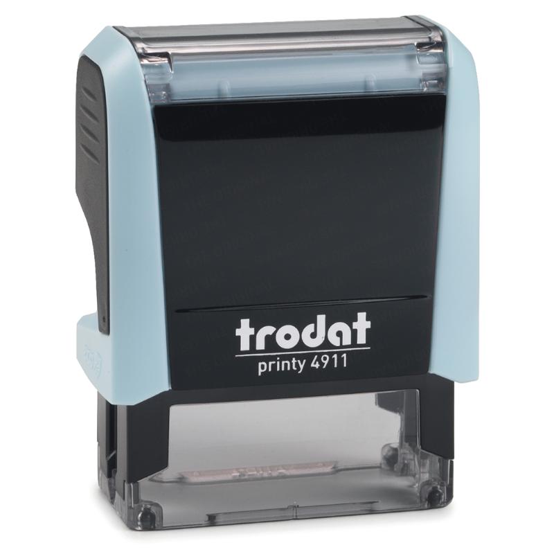 Self-inking Trodat Printy 4911 stamp in pastel blue, perfect for personal and professional use with crisp impressions.