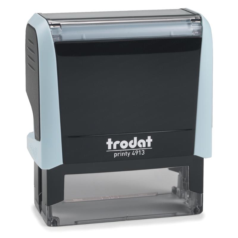 Self-inking Trodat Printy 4913 stamp in pastel blue, ideal for crafting, labeling, and enhancing stationery with style.