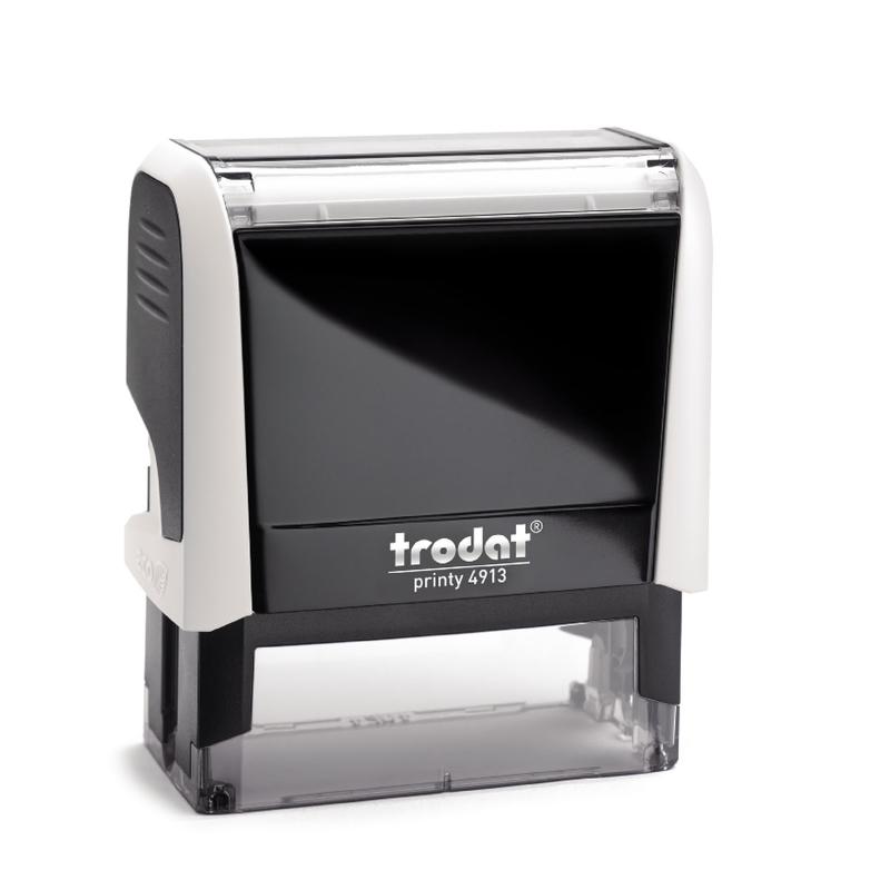 Compact Trodat Printy 4913 stamp with easy ink change, recycled materials, and precise imprint positioning window.