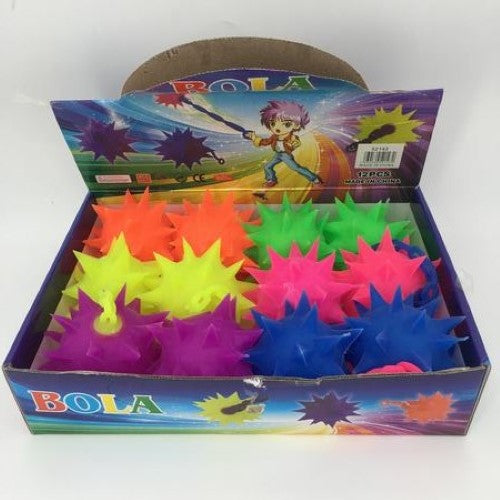 Colorful assorted puff balls with handles in a box of 12, perfect for kids' playtime and sensory exploration.