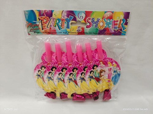 Colorful princess-themed party horns in packs of 6, perfect for kids' birthday celebrations and royal gatherings.