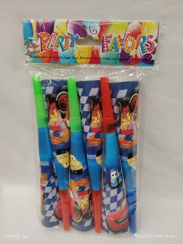 Brightly colored car-themed party horns, 6 per pack, perfect for children's parties and festive celebrations.