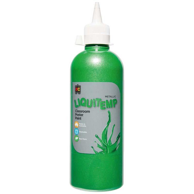 Vibrant green metallic poster paint in a 500ml bottle, perfect for creative projects and safe for all ages.