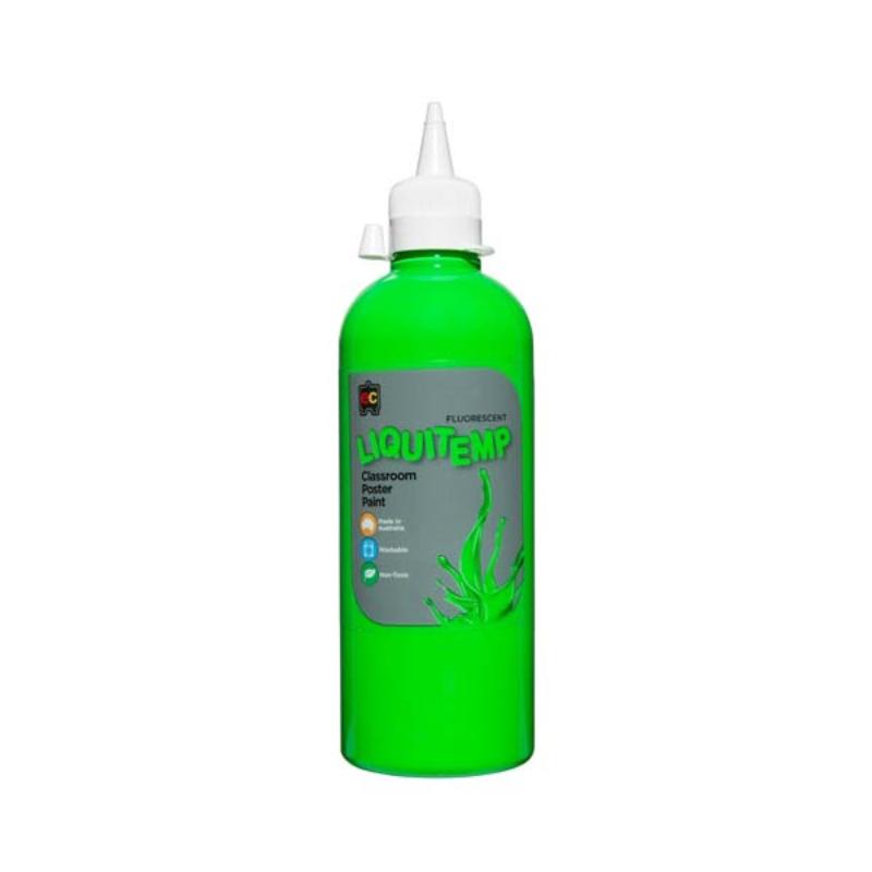 Vibrant green Liquitemp Fluorescent Poster Paint in a 500ml bottle, ideal for artists and safe for children's art activities.