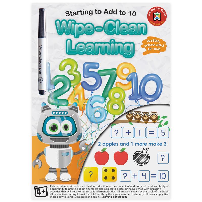 Colorful wipe-clean learning book teaches children addition to 10 with reusable pages and included marker for endless practice.