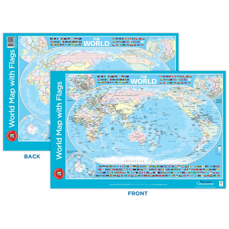 Vibrant world map poster featuring country flags, ideal for educational use in classrooms or home decor.