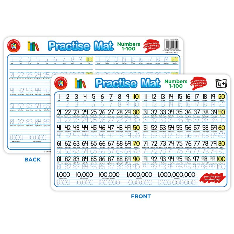 Colorful LCBF Practice Mats featuring numbers 1-100, designed for kids 3+ to enhance writing and math skills with dry erase fun.