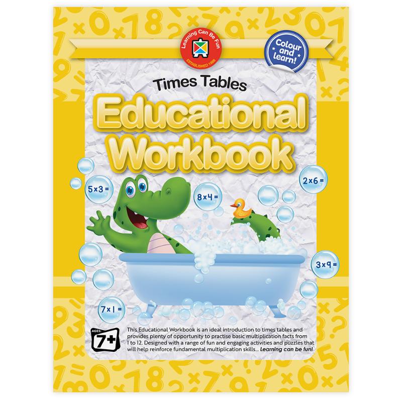 Educational workbook for kids featuring multiplication activities and puzzles, designed for mastering times tables 1 to 12.