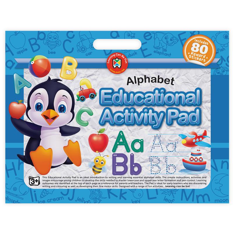 Brightly illustrated educational activity pad for kids focusing on letter formation, pen control, and fun learning activities.