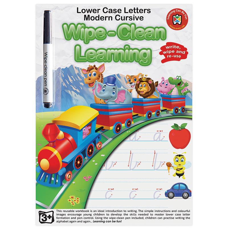 Wipe clean learning book for lowercase letters in NZ modern cursive, featuring reusable pages and a marker for practice.