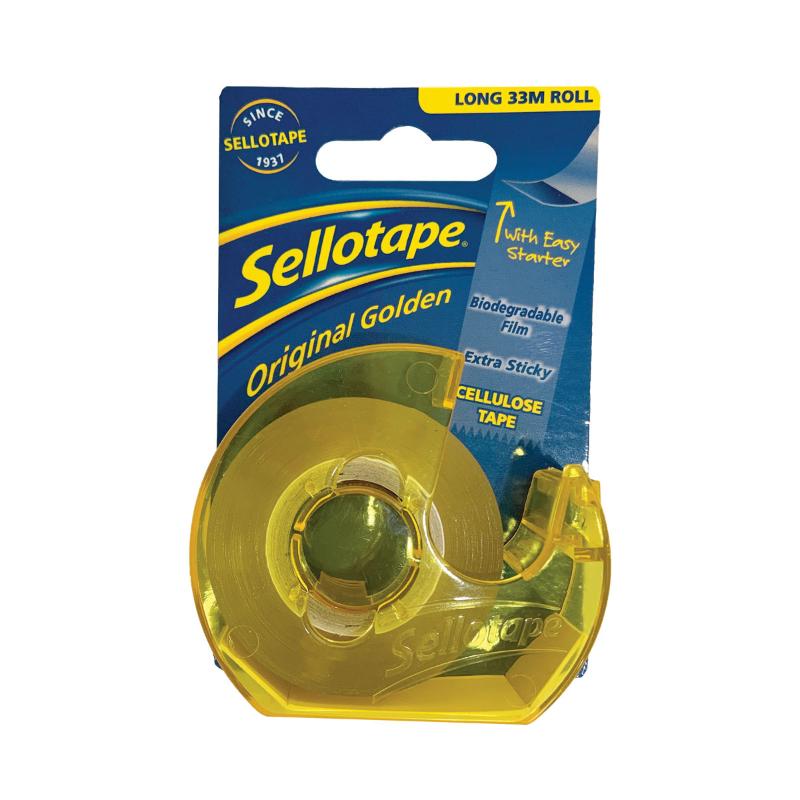 Sellotape 3272 cellulose tape in dispenser, 18mm x 33m, eco-friendly, easy tear, tangle-free design for crafting and office use.