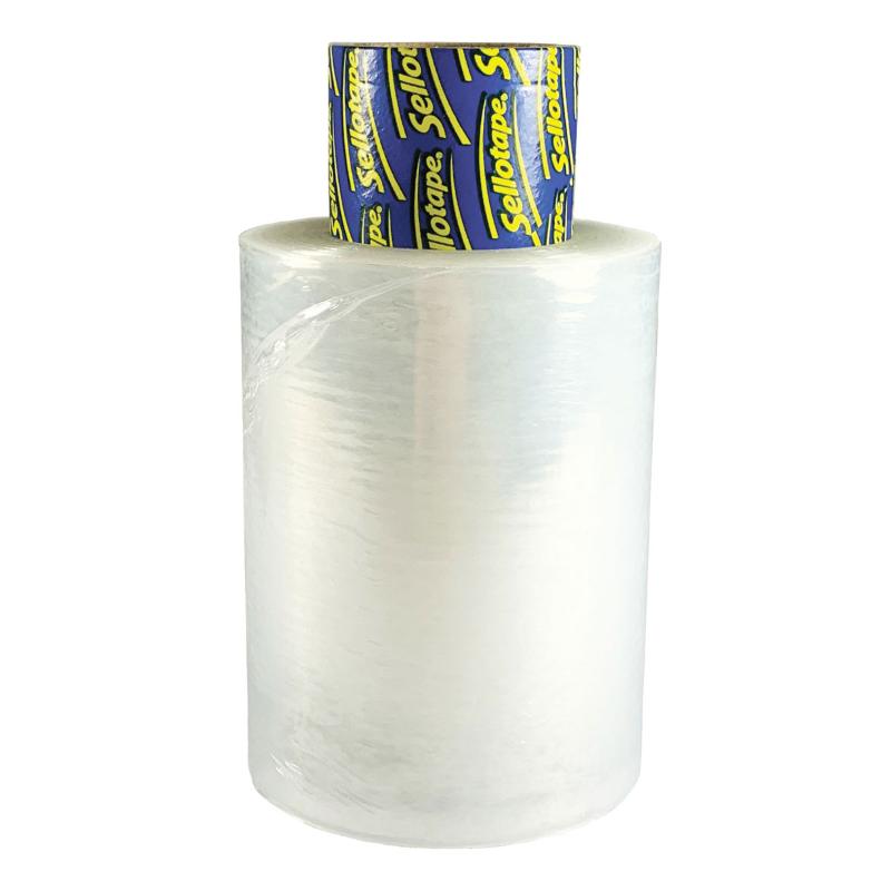 Sellotape Stretch Wrap Refill, 100mm x 150m, non-adhesive film, 20 micron thickness for secure, residue-free wrapping.