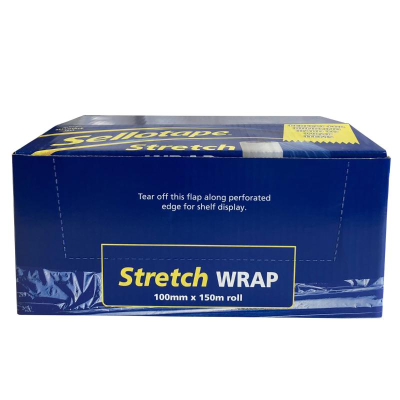 Transparent Sellotape Stretch Wrap Refill, 100mm x 150m, 20mu, ideal for eco-friendly, residue-free packaging of various items.