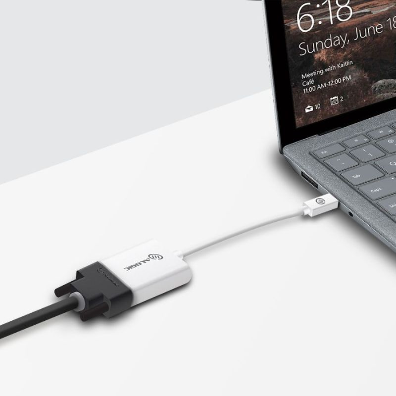 Alogic Mini DisplayPort to VGA adapter connecting devices, 15cm, supports up to 1920x1200 resolution, ideal for presentations.