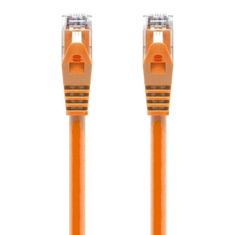Alogic 0.5m CAT6 network cable in orange, featuring gold-plated RJ45 connectors for high-speed data transmission.