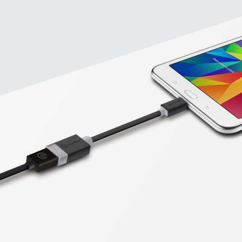 Alogic USB 2.0 Type B Micro to Type A OTG adapter in black for seamless data transfer and charging between devices.