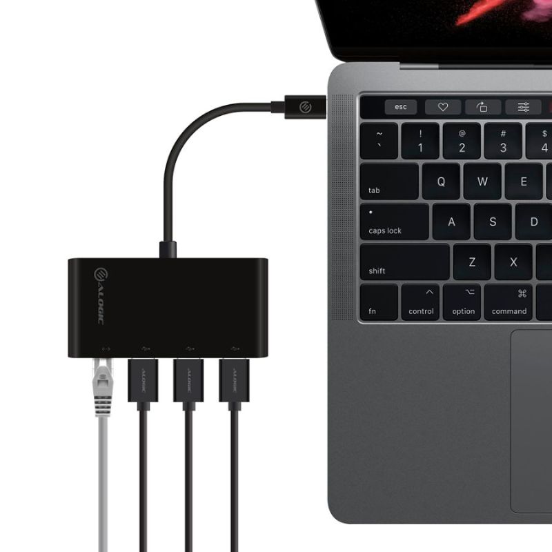 Alogic USB-C hub with 3 USB 3.0 ports and Gigabit Ethernet for fast data transfer and reliable internet connectivity.