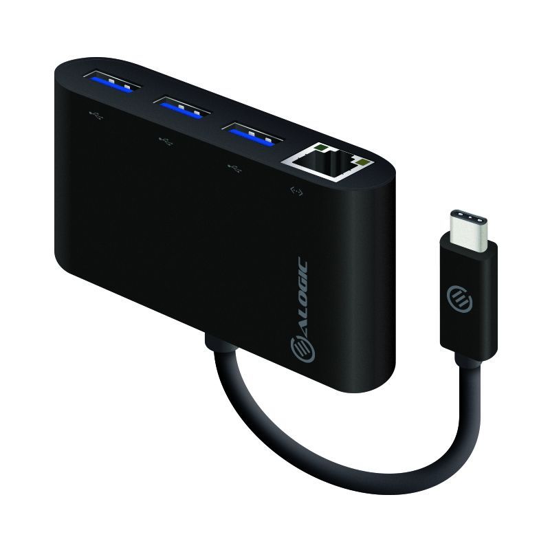 Alogic USB-C to Gigabit Ethernet and USB 3.0 hub, portable with 3 USB ports and fast data transfer up to 5 Gbps.