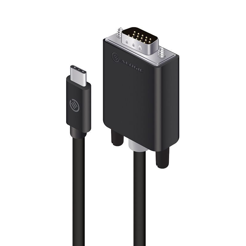 Alogic USB-C to VGA cable in black, 2m long, connects USB-C devices to VGA displays with up to 1080p resolution.