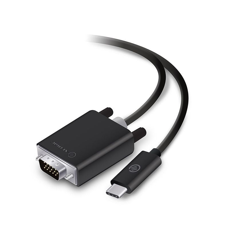 Alogic USB-C to VGA cable, 2m long, male to male, supports 1080p, sleek black design, ideal for connecting devices to displays.