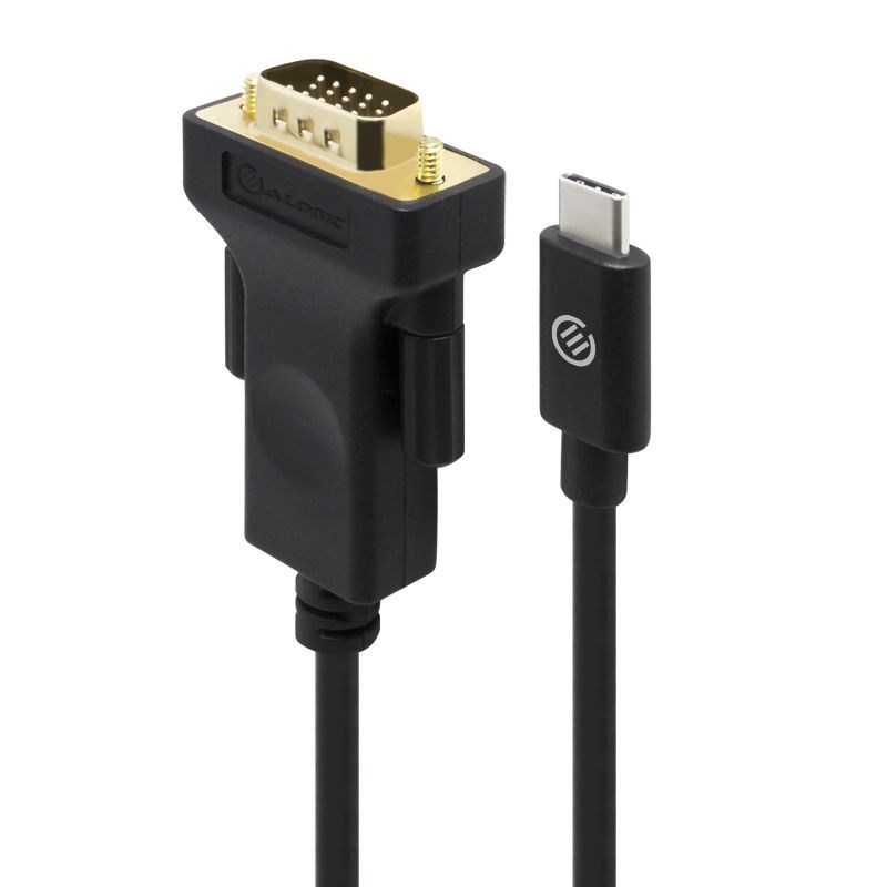 Alogic USB-C to VGA cable (2m) in black, connects USB-C devices to VGA displays, supporting resolutions up to 1080p.
