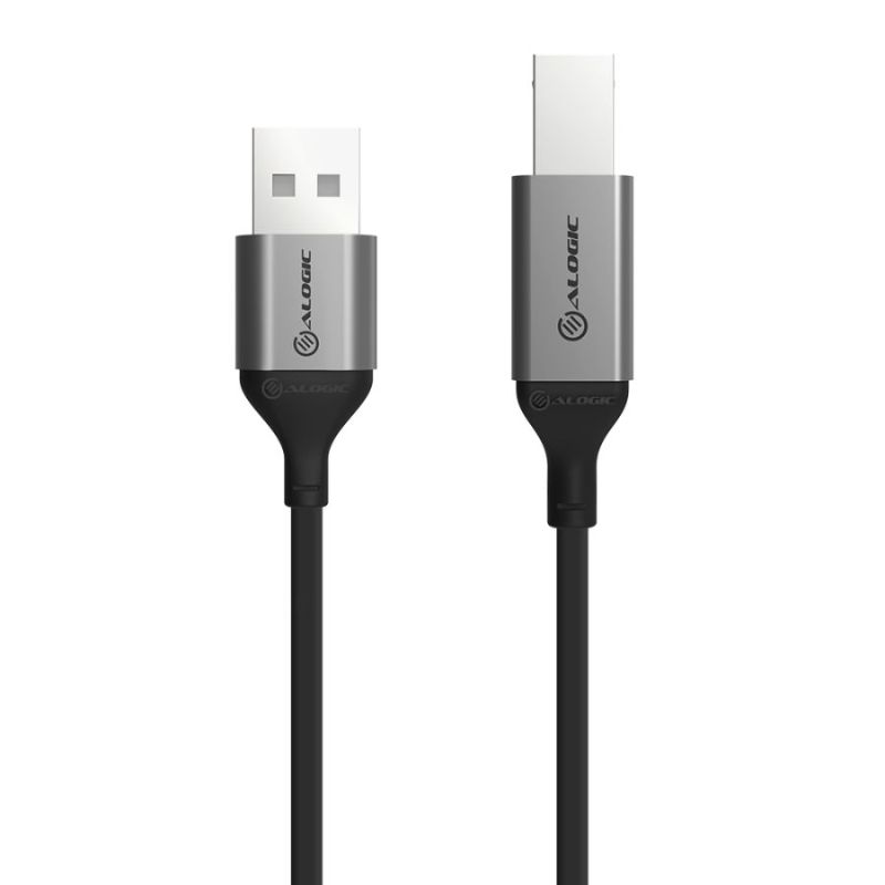 Alogic Ultra USB 2.0 USB-A to USB-B cable in durable aluminum and TPE, ideal for fast data transmission to various devices.