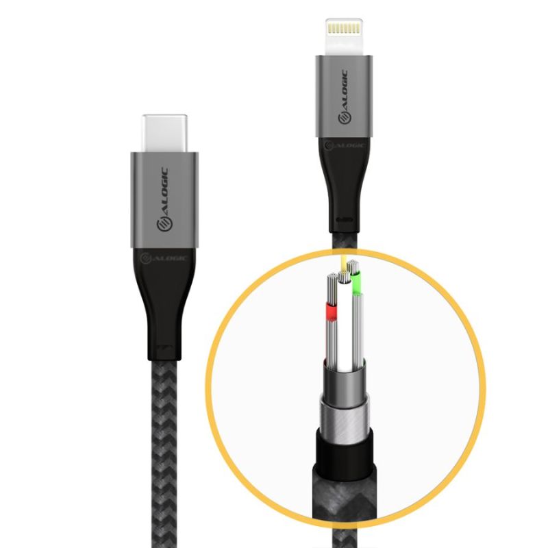 Alogic SUPER Ultra USB-C to Lightning Cable, 1.5m long, durable aluminum and TPE design for fast charging and data transfer.