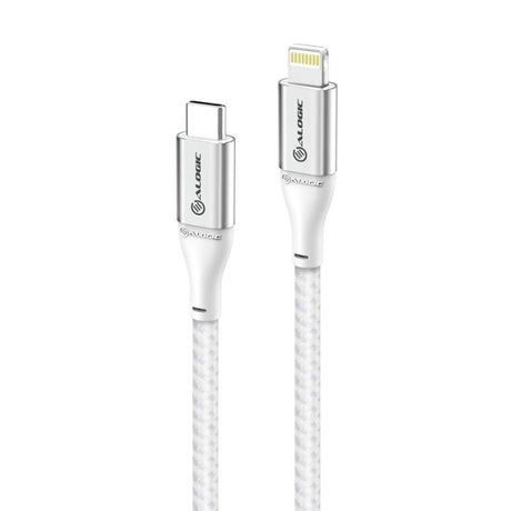 Alogic SUPER Ultra USB-C to Lightning Cable, 1.5m in silver, designed for high-speed data transfer and rapid charging.